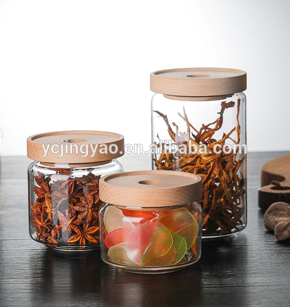Customized hot sale glass jar storage bottle & jars containers with wooden lid