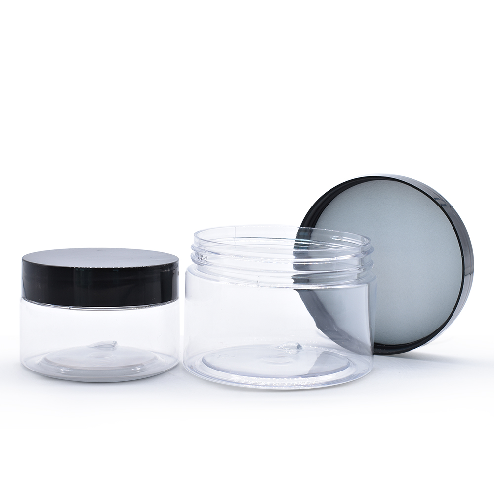 Customized label LOGO clear cosmetic cream jars plastic jars with black lids