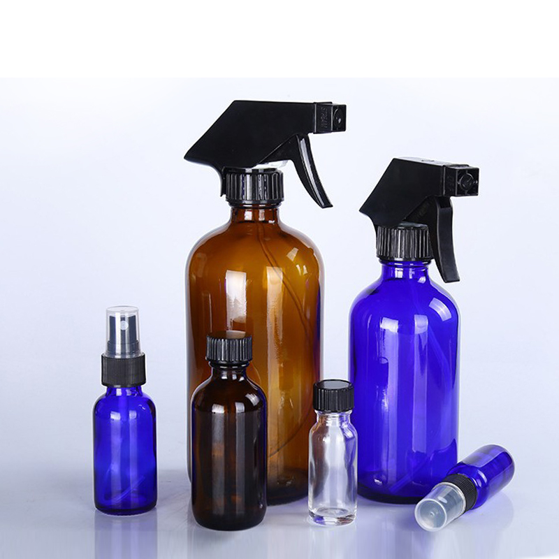 Customized logo 250ml 16 oz 1000ml round amber white boston glass spray bottles for air purification with black spray trigger