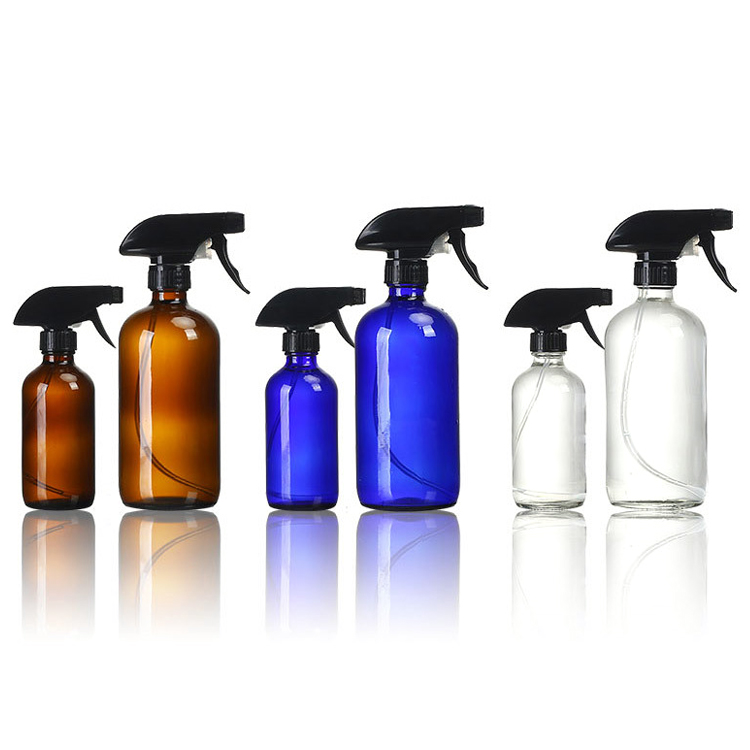 Customized logo 250ml 16 oz 1000ml round amber white boston glass spray bottles for air purification with black spray trigger