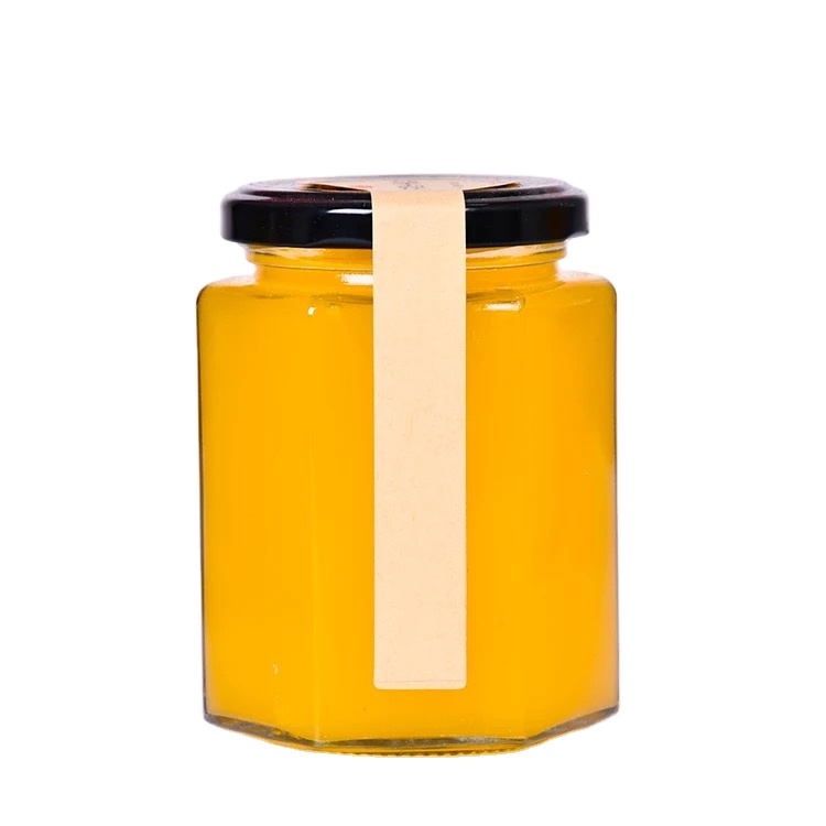 Customized logo 280ml 380ml 500ml 730ml clear empty hexagon glass honey chili sauce jam jar with metal lid