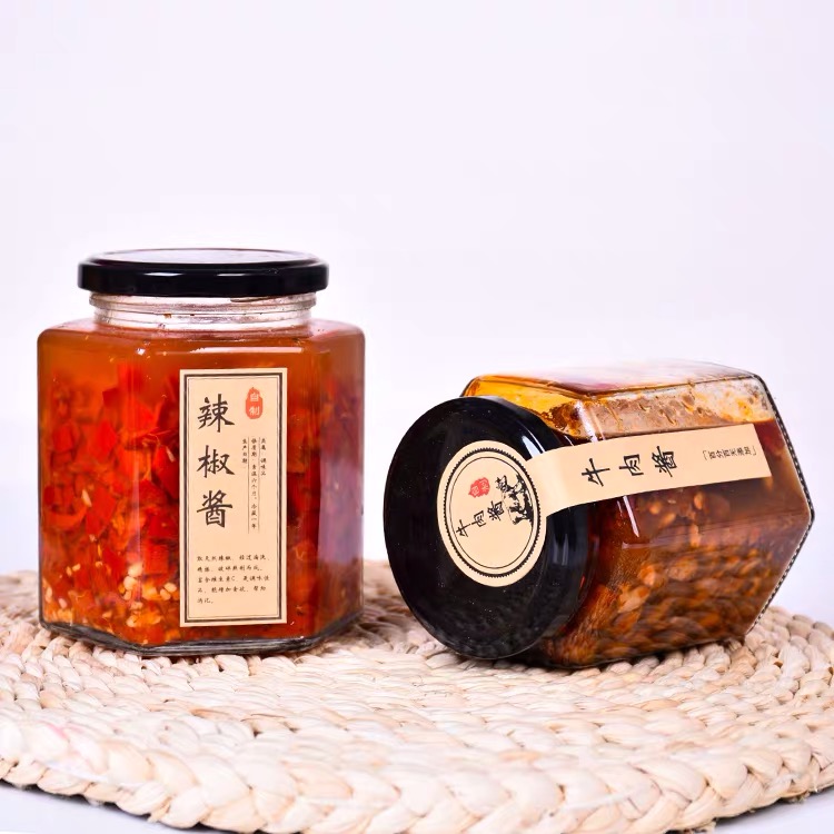 Customized logo 280ml 380ml 500ml 730ml clear empty hexagon glass honey chili sauce jam jar with metal lid