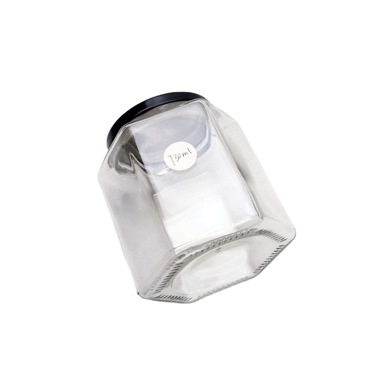 Customized logo 280ml 380ml 500ml 730ml clear empty hexagon glass honey chili sauce jam jar with metal lid