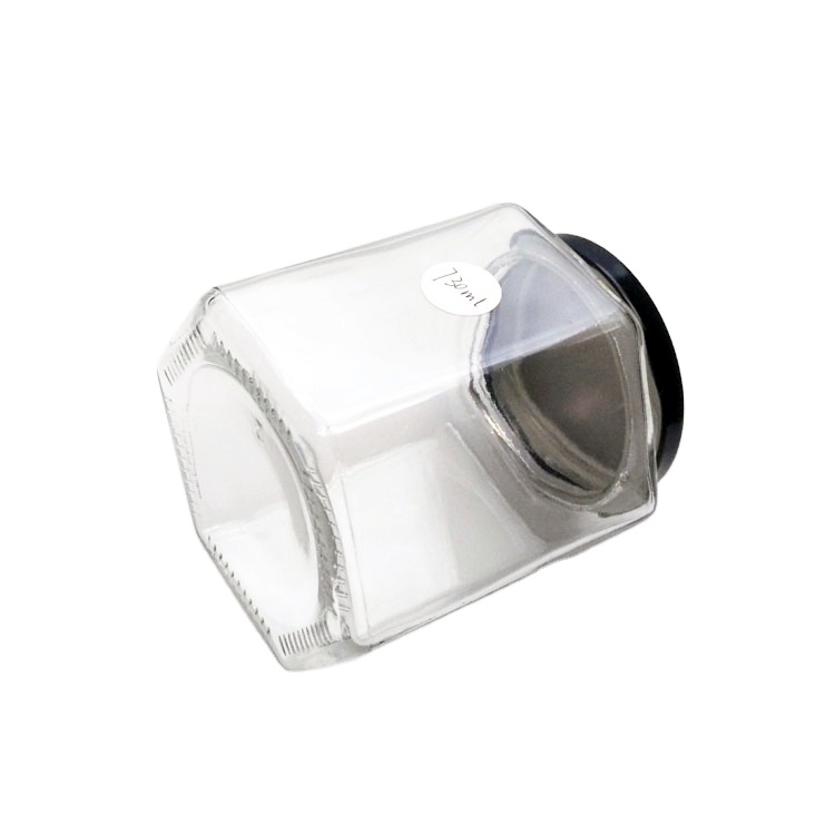 Customized logo 280ml 380ml 500ml 730ml clear empty hexagon glass honey chili sauce jam jar with metal lid
