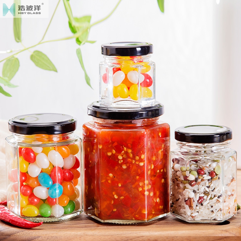 Customized logo 280ml 380ml 500ml hexagonal honey glass jar with metal screw lid