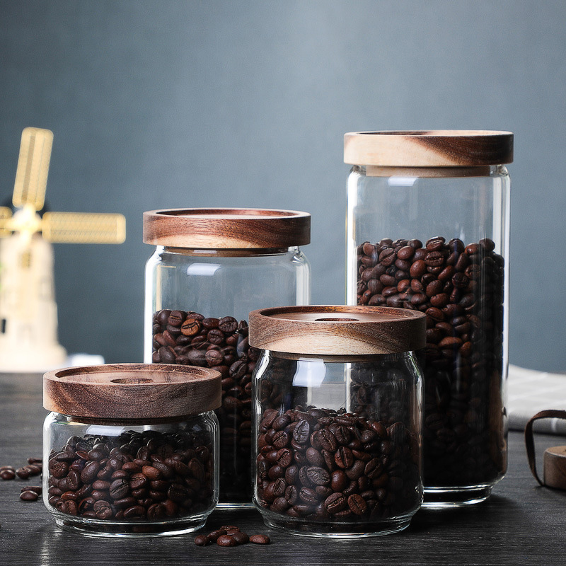 Customized logo 500ml 1000ml kitchen glass airtight seasoning jar acacia lid coffee bean food storage jar