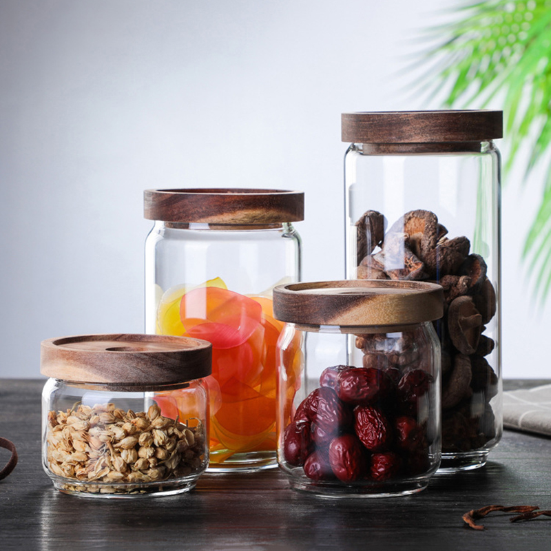 Customized logo 500ml 1000ml kitchen glass airtight seasoning jar acacia lid coffee bean food storage jar