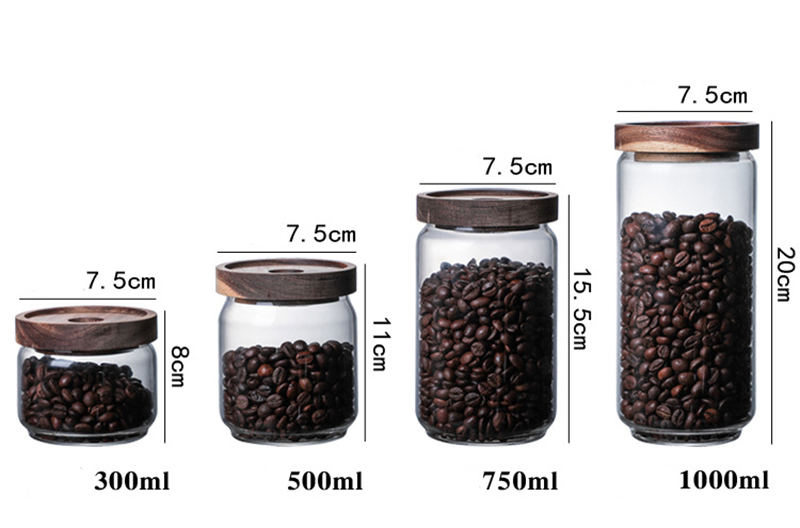 Customized logo 500ml 1000ml kitchen glass airtight seasoning jar acacia lid coffee bean food storage jar