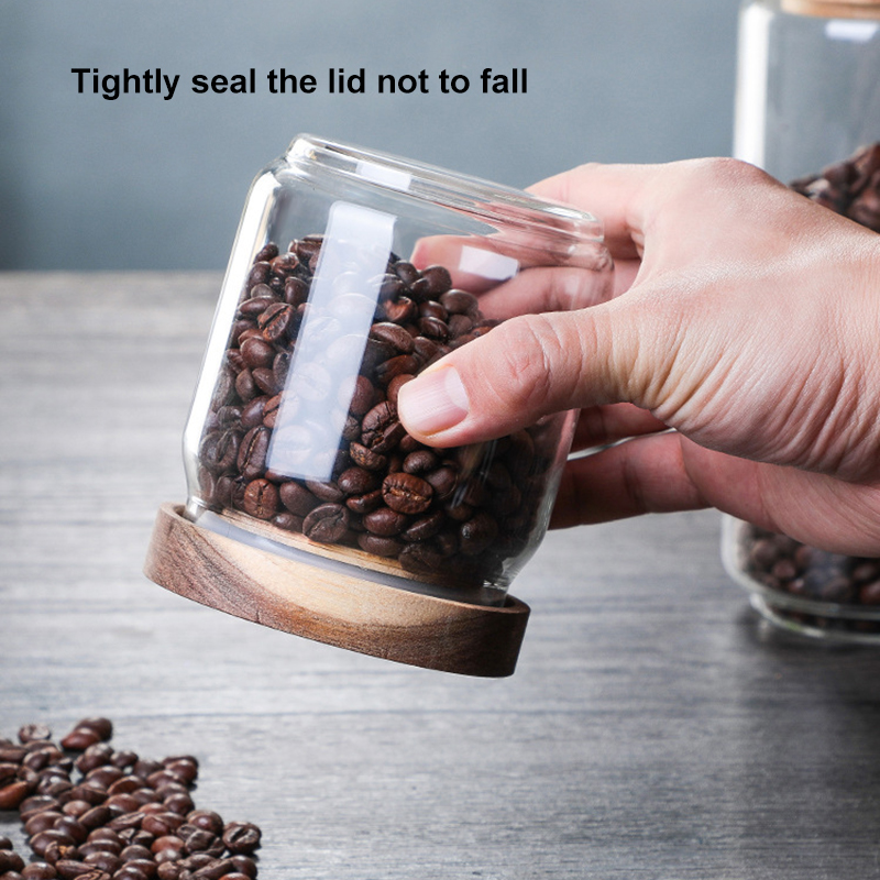 Customized logo 500ml 1000ml kitchen glass airtight seasoning jar acacia lid coffee bean food storage jar