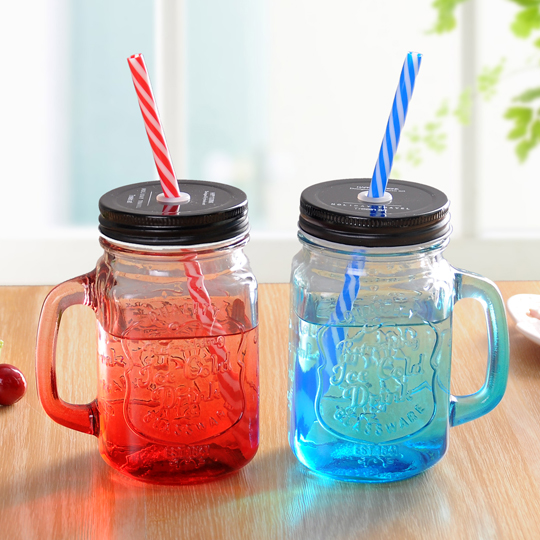 Customized logo Embossed glass mason jars with handle and Screw glass beverage bottles