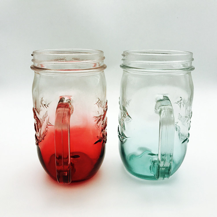 Customized logo Embossed glass mason jars with handle and Screw glass beverage bottles