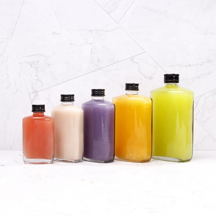 Customized new design rectangle flat cold brew glass bottle for juice with aluminum lid