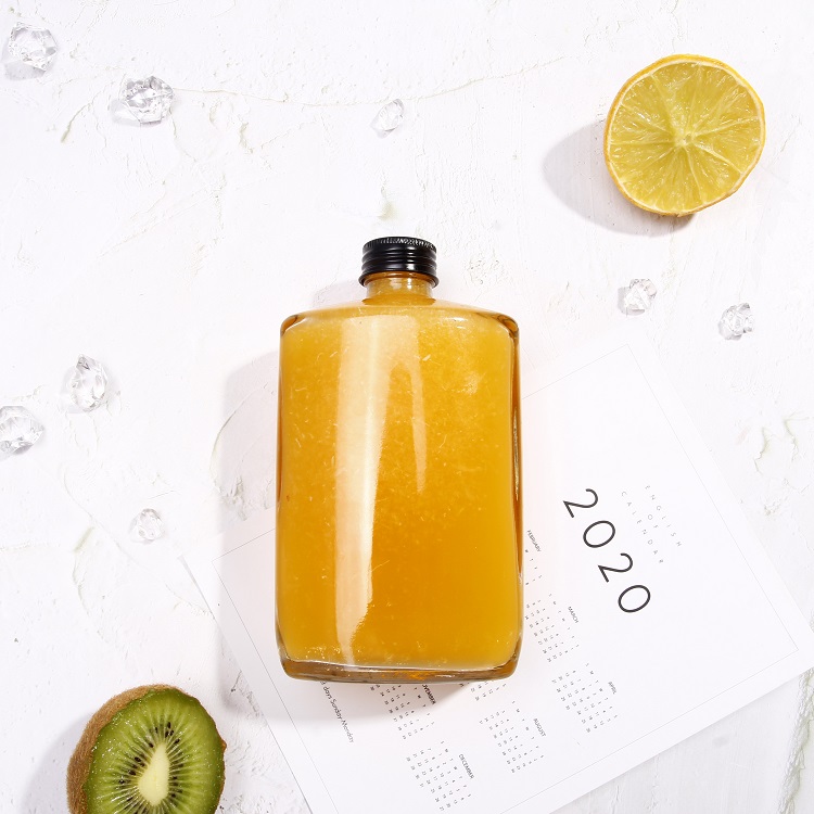 Customized new design rectangle flat cold brew glass bottle for juice with aluminum lid