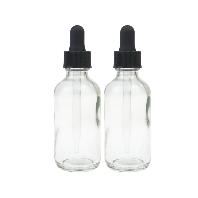 Customized printing 2oz Boston Round 60ml black clear frosted glass bottle with glass dropper