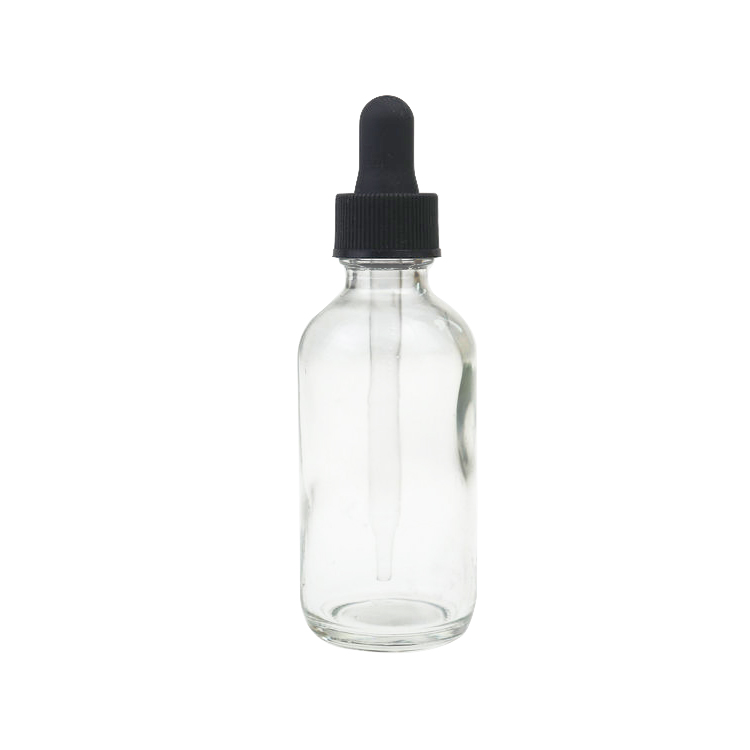Customized printing 2oz Boston Round 60ml black clear frosted glass bottle with glass dropper