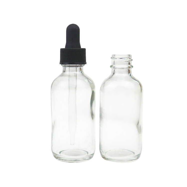 Customized printing 2oz Boston Round 60ml black clear frosted glass bottle with glass dropper