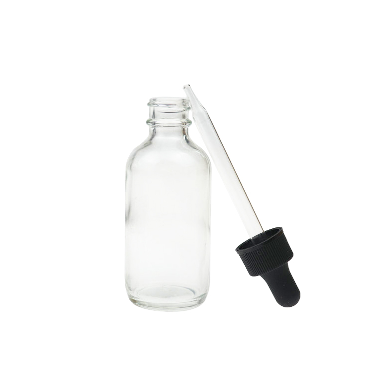 Customized printing 2oz Boston Round 60ml black clear frosted glass bottle with glass dropper