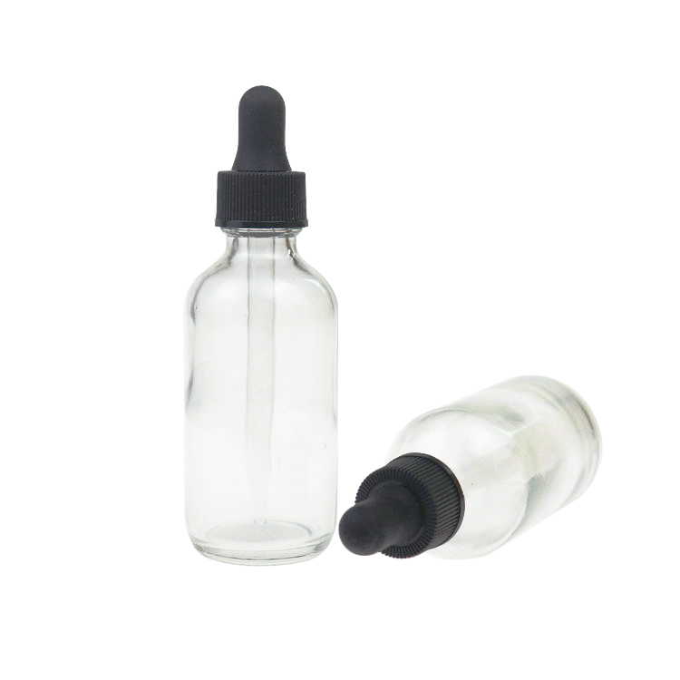 Customized printing 2oz Boston Round 60ml black clear frosted glass bottle with glass dropper