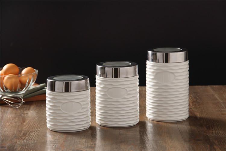Customized set of 3 coffee sugar spice porcelain canister set with lids and stainless spoon