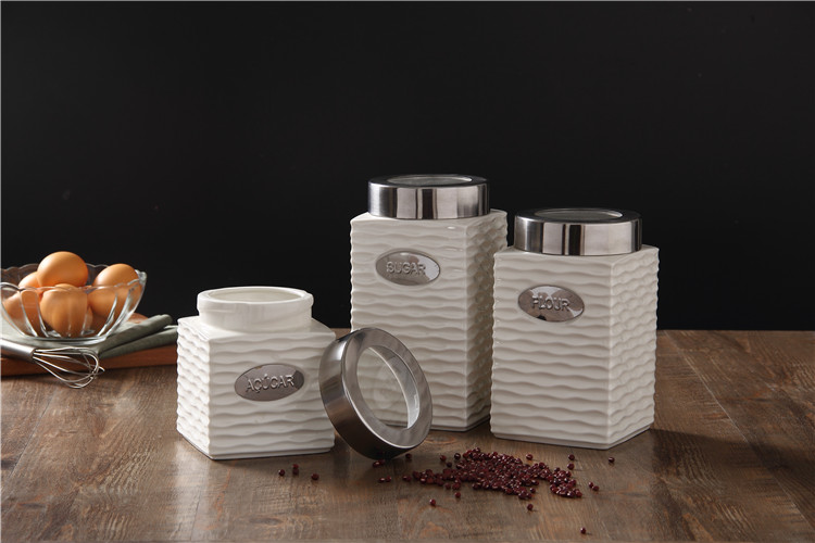 Customized set of 3 coffee sugar spice porcelain canister set with lids and stainless spoon
