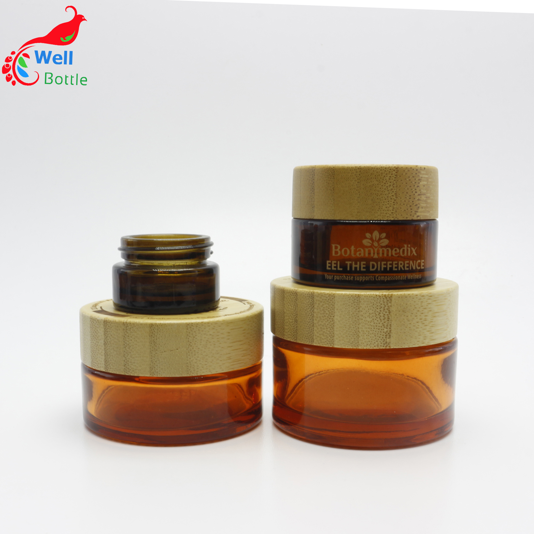 Customized skincare cream jar 30g amber glass sustom cosmetic jars bamboo wood lid J111E