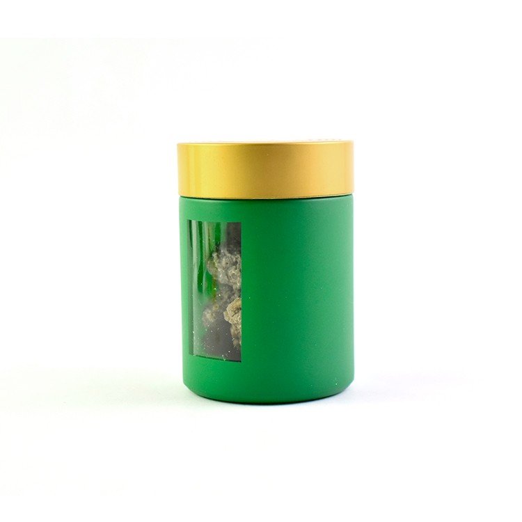 Customized spray printed colour green glass child proof jar with open clear window for hemp weed flower