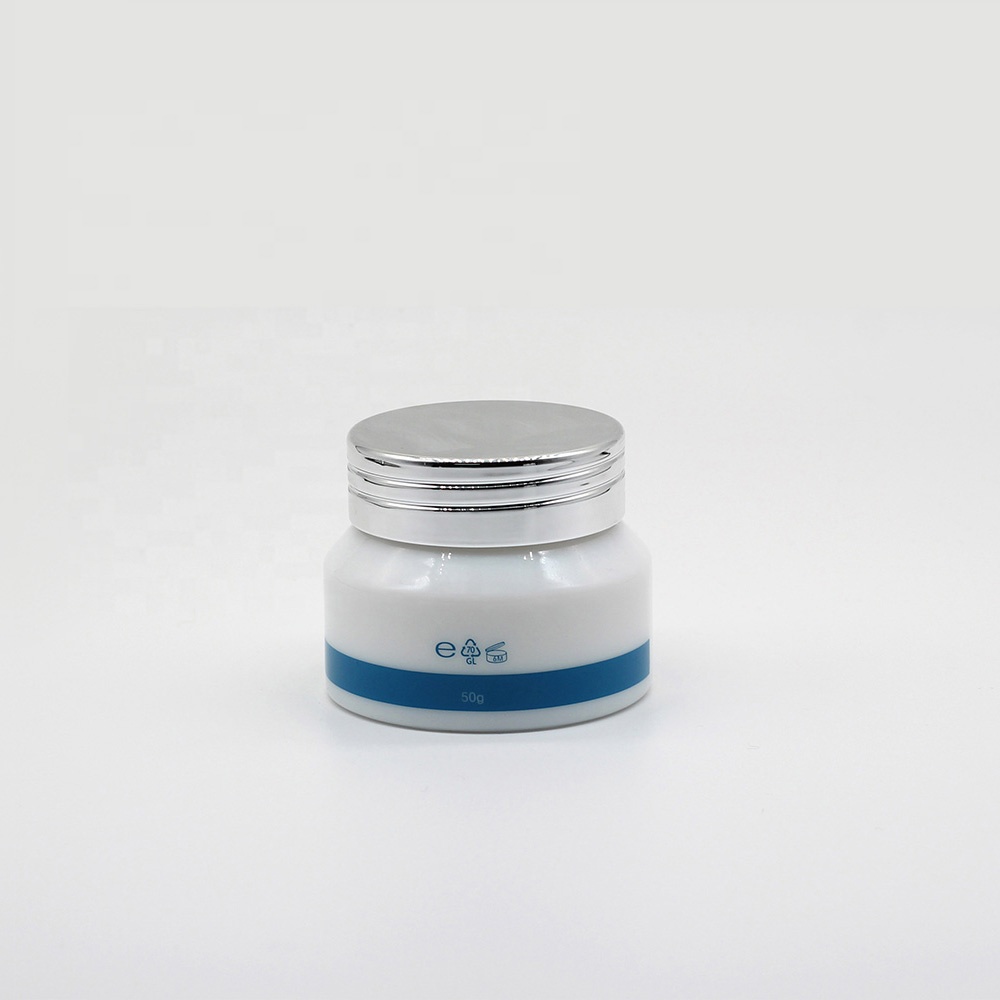 Customized white opal glass cream jar with silver aluminium lid