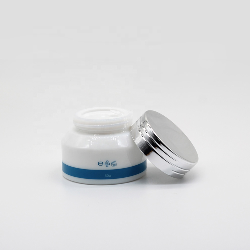 Customized white opal glass cream jar with silver aluminium lid
