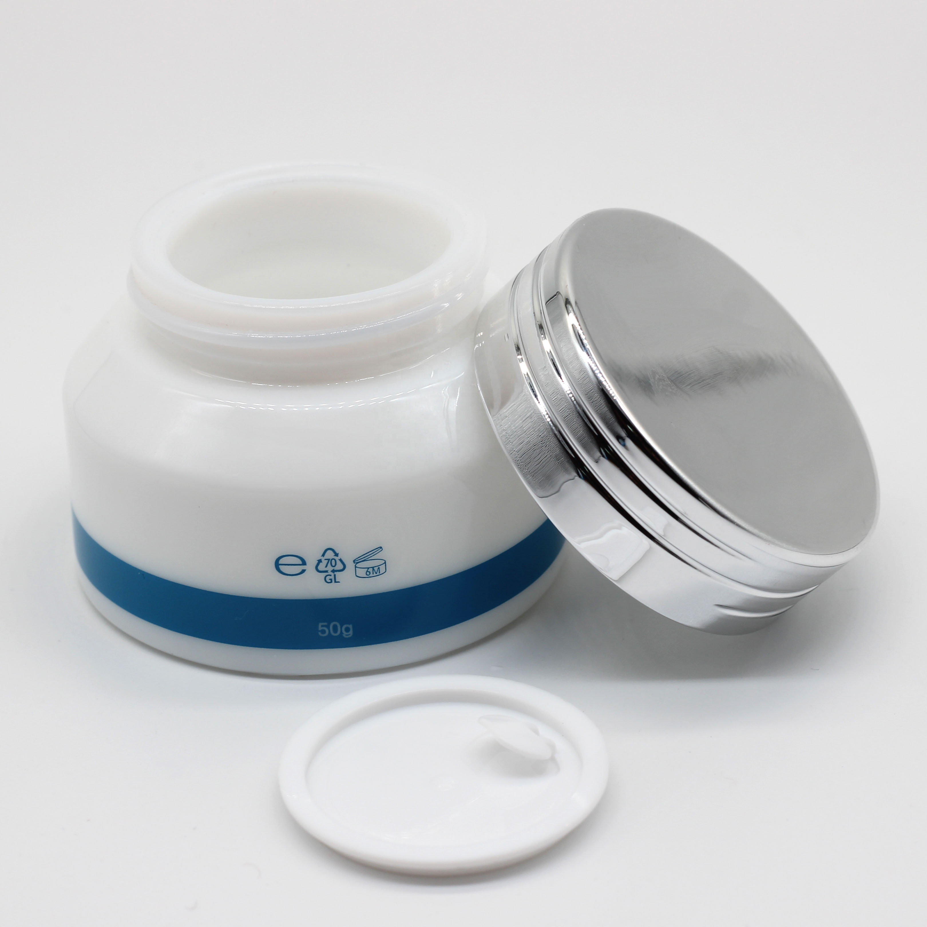 Customized white opal glass cream jar with silver aluminium lid