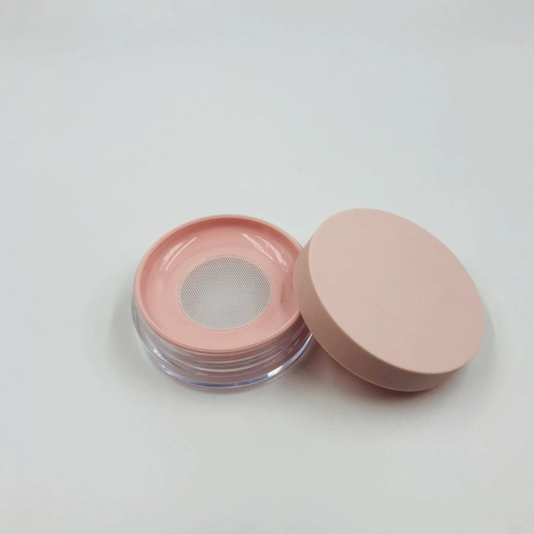 Cute 10g pink black round plastic portable loose powder jar container with plastic mesh sifter/ empty blusher cosmetic packaging