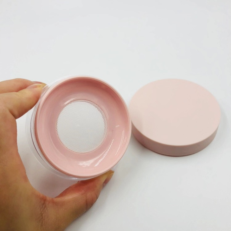 Cute 10g pink black round plastic portable loose powder jar container with plastic mesh sifter/ empty blusher cosmetic packaging