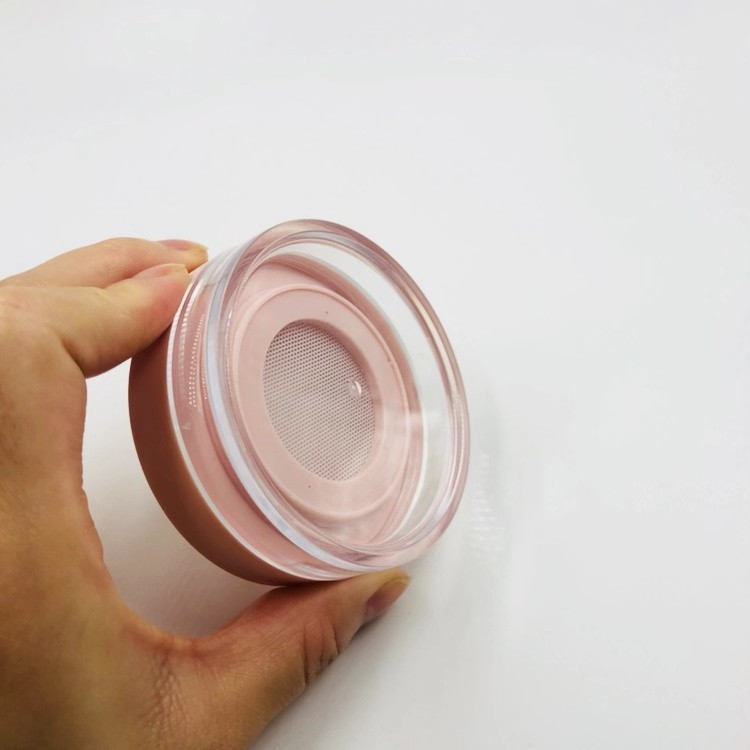 Cute 10g pink black round plastic portable loose powder jar container with plastic mesh sifter/ empty blusher cosmetic packaging