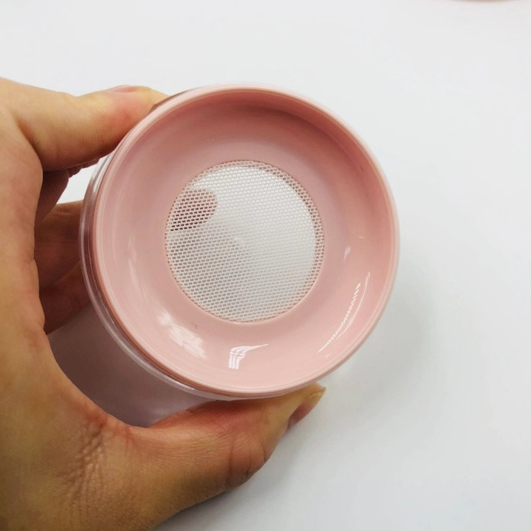Cute 10g pink black round plastic portable loose powder jar container with plastic mesh sifter/ empty blusher cosmetic packaging