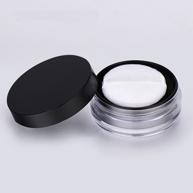 Cute 10g pink black round plastic portable loose powder jar container with plastic mesh sifter/ empty blusher cosmetic packaging