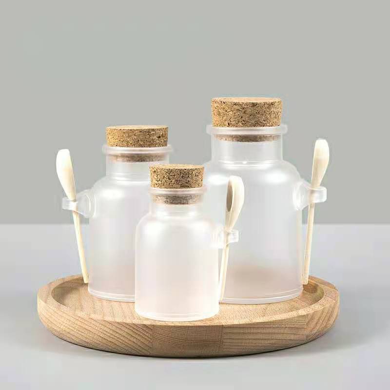 Cute Round Empty Frosted Bath Salt Plastic Bottle Wholesale 100g 200g 300g 500g jar with spoon and cork cap
