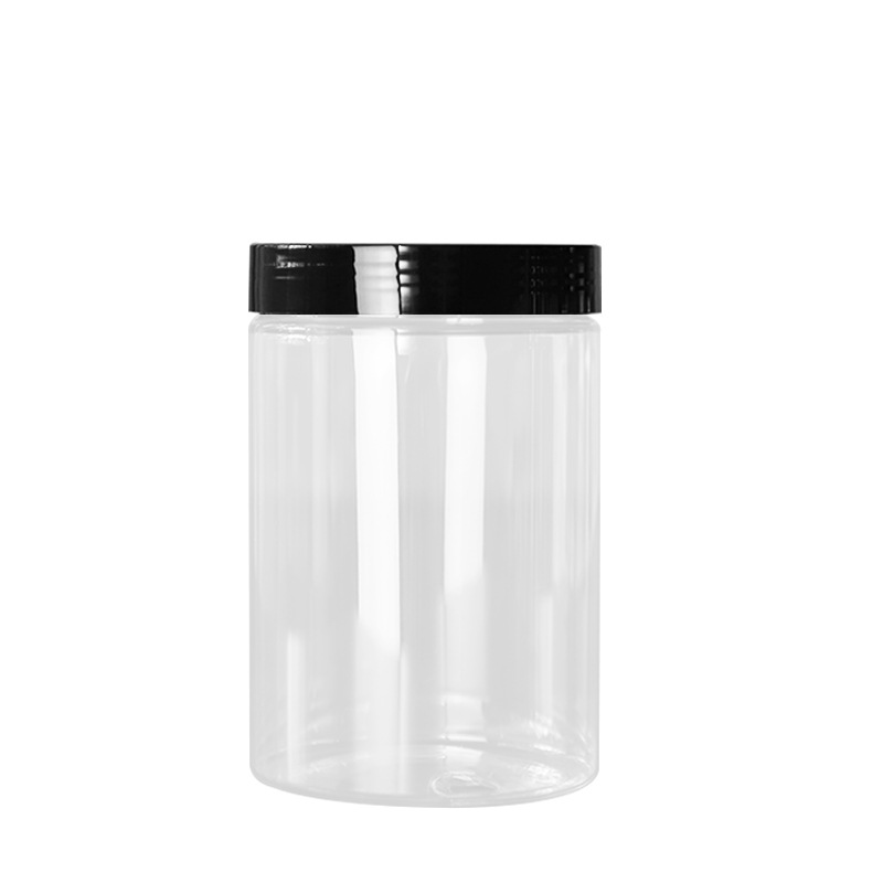 Cyclinder Food Container 250ml 280ml 350ml 400ml 500ml 600ml 700ml 1000ml 1L Clear PET Plastic Jars With Black Lids