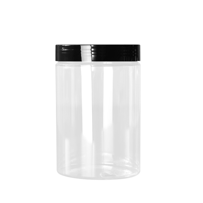 Cyclinder Food Container 250ml 280ml 350ml 400ml 500ml 600ml 700ml 1000ml 1L Clear PET Plastic Jars With Black Lids
