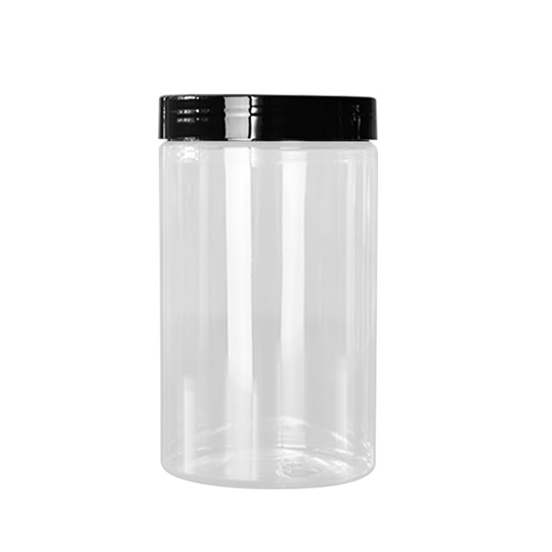 Cyclinder Food Container 250ml 280ml 350ml 400ml 500ml 600ml 700ml 1000ml 1L Clear PET Plastic Jars With Black Lids