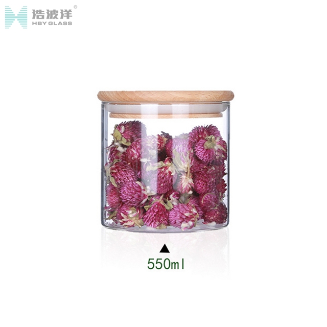 Cylinder 550ml transparent food glass jar with bamboo lid
