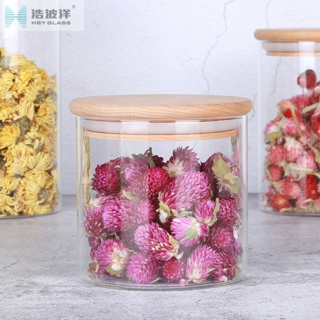 Cylinder 550ml transparent food glass jar with bamboo lid