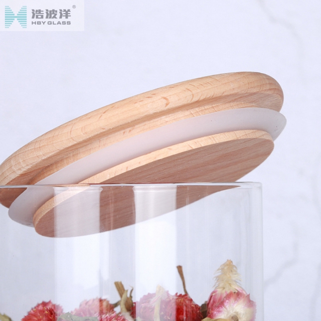 Cylinder 550ml transparent food glass jar with bamboo lid