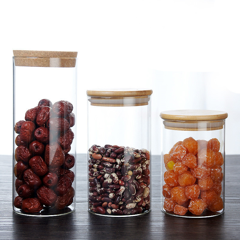 Cylinder Sealed Air Tight Kitchen Glass Jar Container With Bamboo Lid For Storage