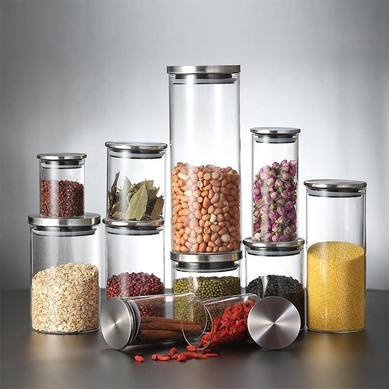 Cylinder Sealed Air Tight Kitchen Glass Jar Container With Bamboo Lid For Storage