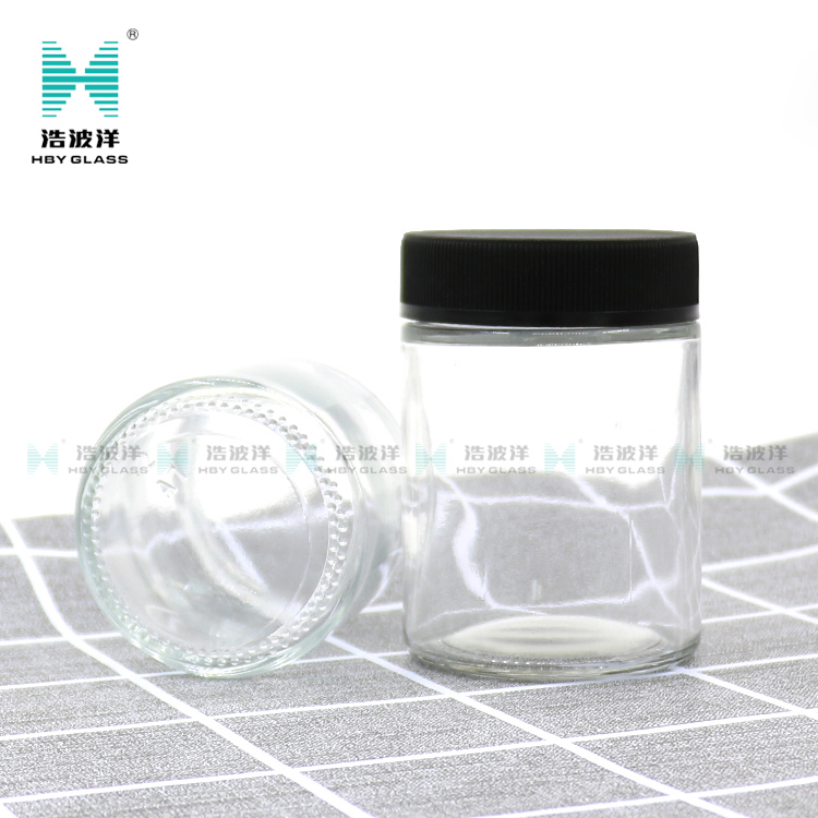 Cylinder Transparent child resistant glass jar with plastic screw lid
