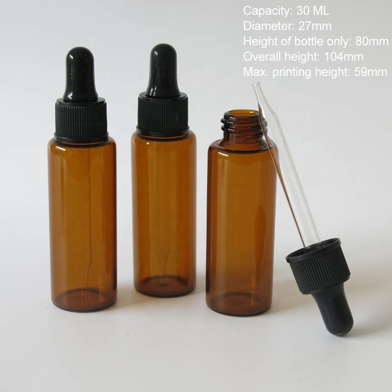 Cylinder amber dropper bottle 30ml brown glass vial and pipiette 1 oz