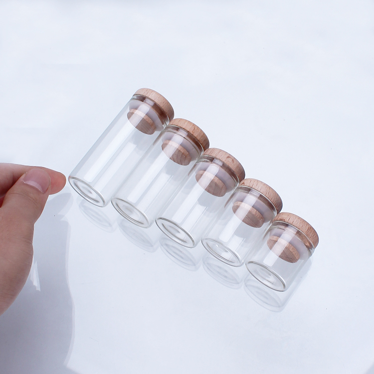D30mm H30-100mm Wholesale Straight Mouth 10 ml Glass Bottle with Wood Lid Transparent Storage Bottle glass container