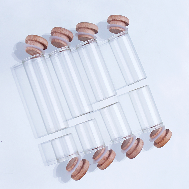 D30mm H30-100mm Wholesale Straight Mouth 10 ml Glass Bottle with Wood Lid Transparent Storage Bottle glass container