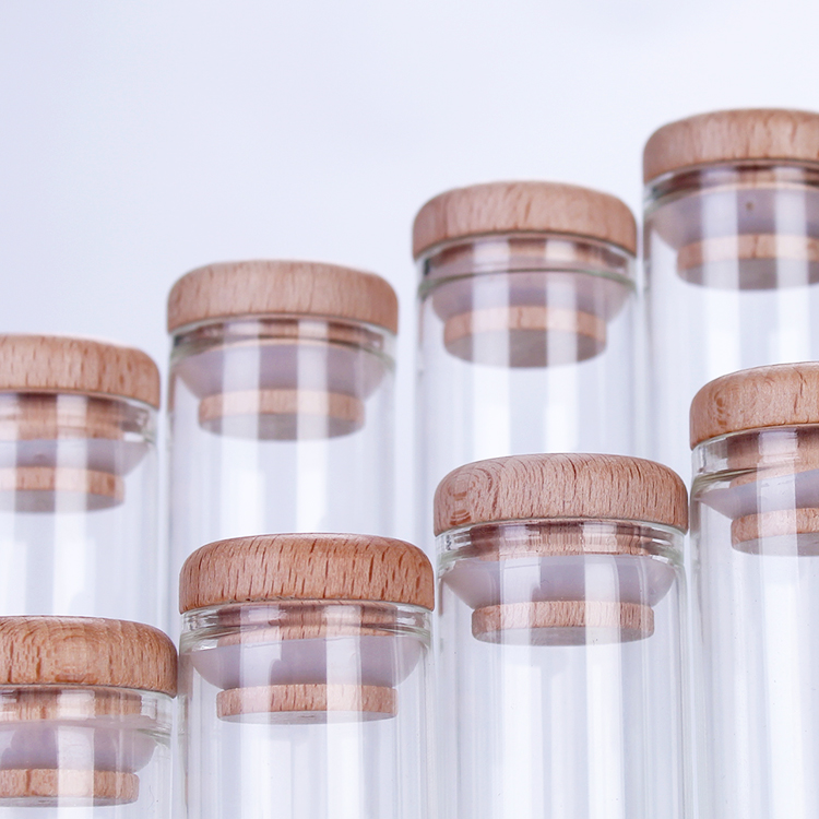 D30mm H30-100mm Wholesale Straight Mouth 10 ml Glass Bottle with Wood Lid Transparent Storage Bottle glass container