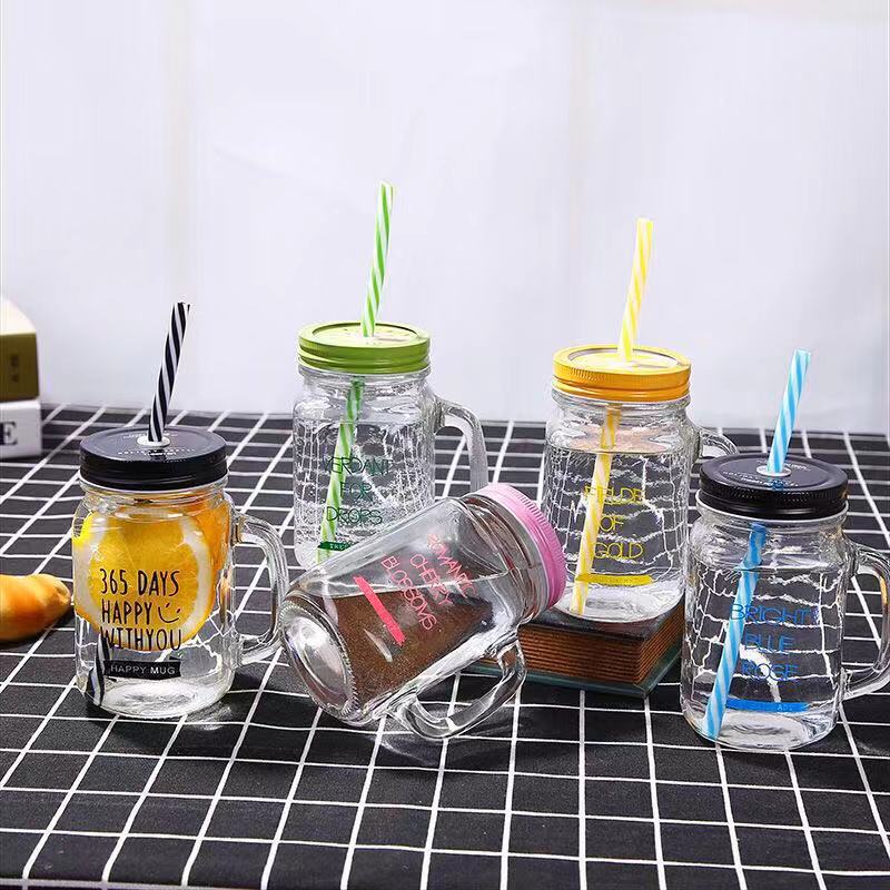 DDA2202 Creative Clear Beverage Drinking Mugs Bottle Cock Printed Water Jar Cup Juice Straw Handle Glass Mason Cups With Lid
