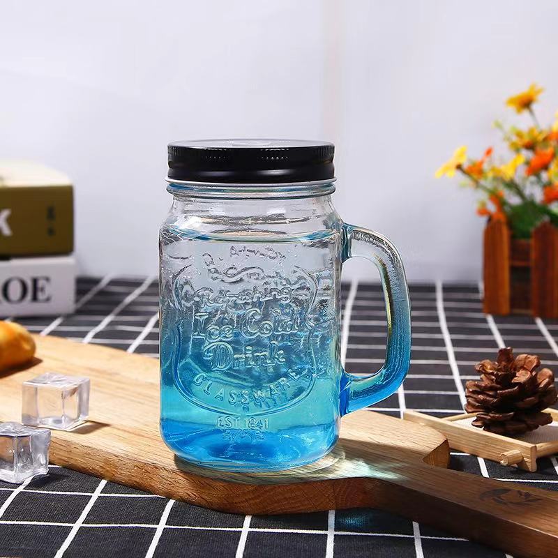 DDA2202 Creative Clear Beverage Drinking Mugs Bottle Cock Printed Water Jar Cup Juice Straw Handle Glass Mason Cups With Lid